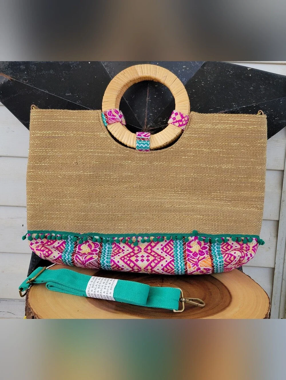 Authentic American & Beyond Straw and Jute Woven Tote with Pink Strawberries